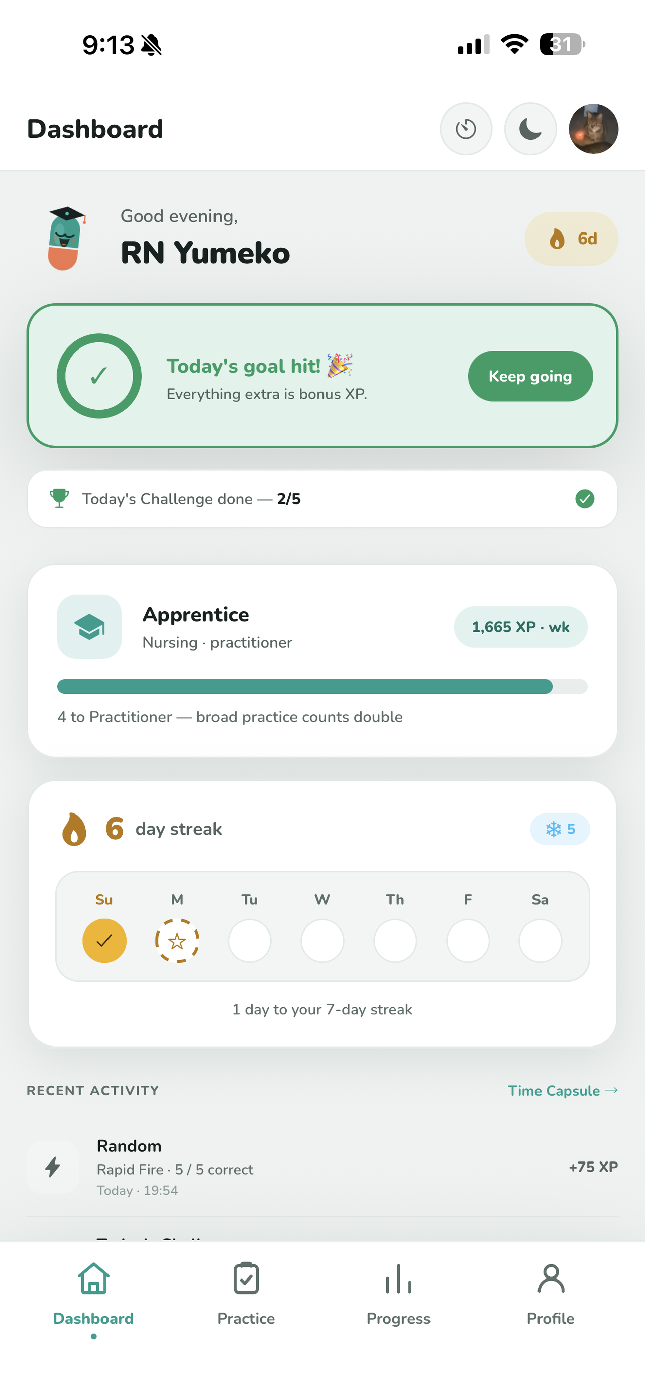 Skoolie dashboard showing daily goals, streaks and recent activity
