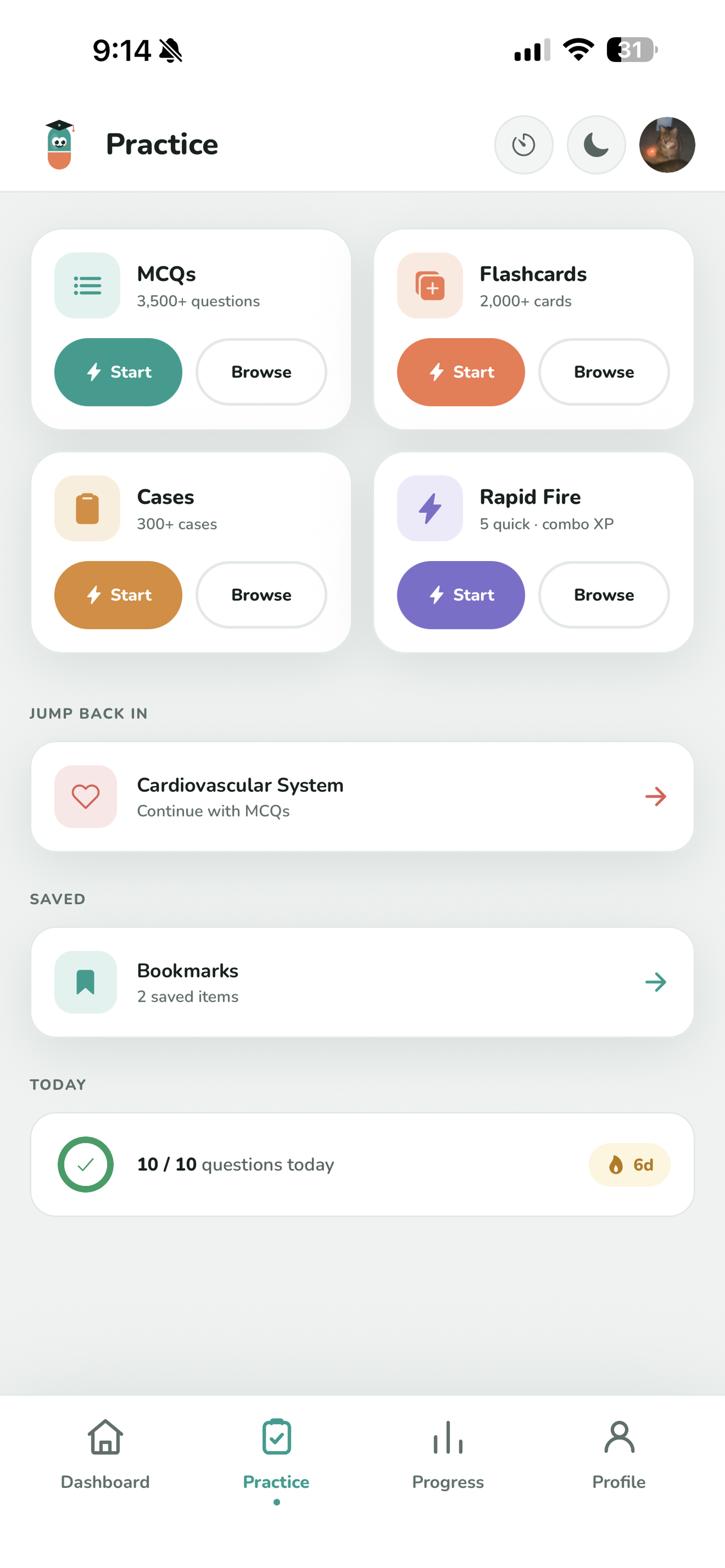 Actual Skoolie practice hub with MCQs, flashcards, cases and rapid fire